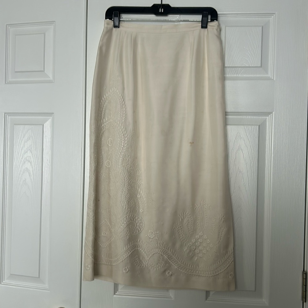 Vintage Talbots 100% Silk Embroidered Midi Skirt Ivory Cream Petite 12P